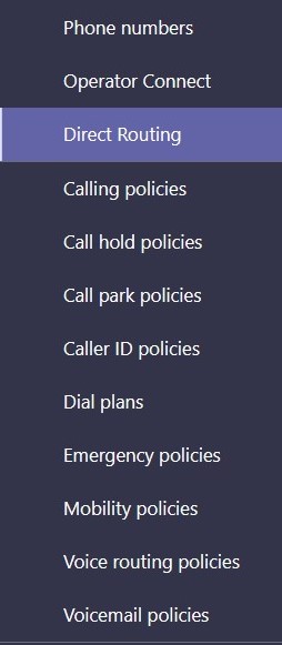 Direct routing, Calling policies, call hold policies, call park policies, caller id policies, Dial plan, emergency policies, voice routing, voice mail